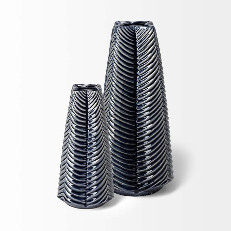 HomeRoots 10" Navy Blue Abstract Cylinder Ceramic Table Vase