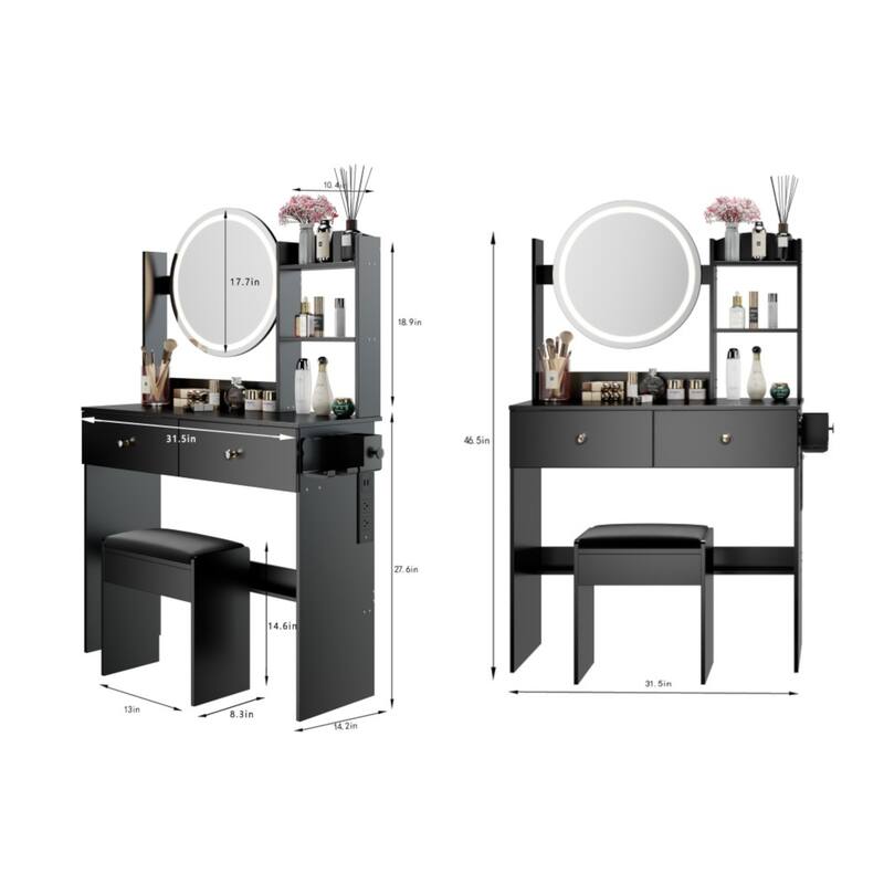KISRAIS 31.5" Vanity Desk with Mirror, Light, Power Station, and Hair dryer bracket
