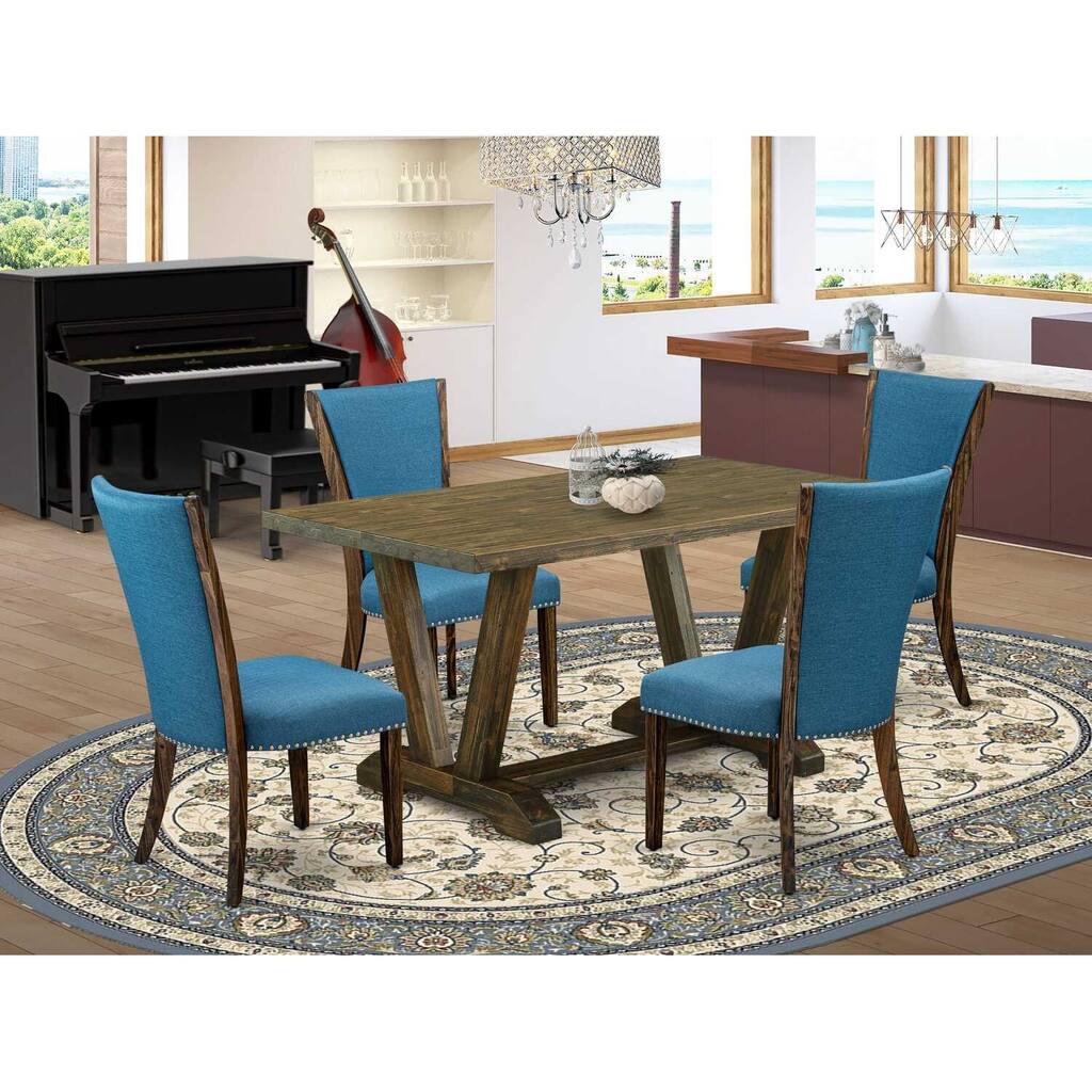 HomeStock 5-Piece Distressed Jacobean Finish Solid Wood Top Dining Table with 4 Parson Chair