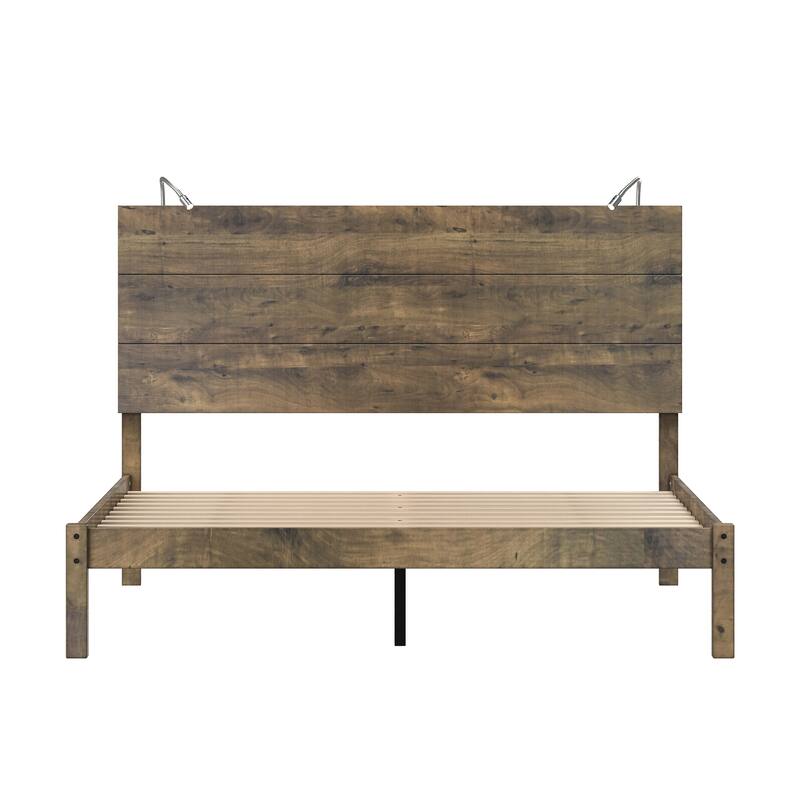 Queen Rustic Wood Platform Bed with Built-In Bedside Lights