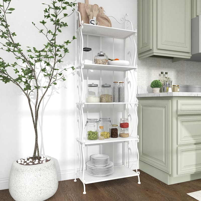 Metal Indoor Outdoor Tall Folding 5 Shelves Scroll Bakers Rack