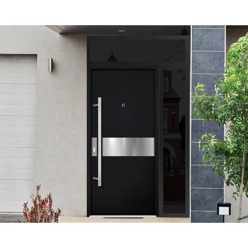 Front Prehung Steel Door 6072 Black Enamel Side and Top Window Sidelite W36+14xH80+16 Lh I Bedroom Door Bathroom Door