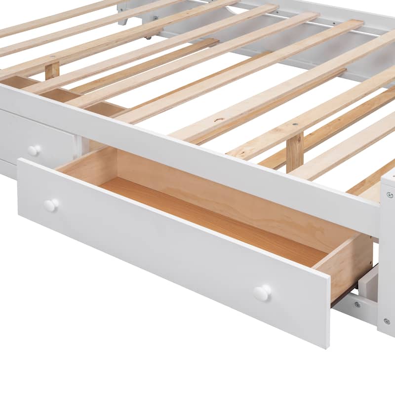 Full Size Wooden Bed with Built-in Cabinet, Shelf, Outlets, and Trundle in White