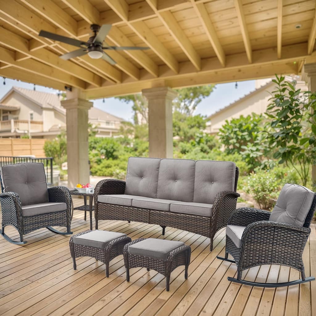 6 Pieces Rocker Chairs Sofa Table Ottomans Brown-Grey - Brown