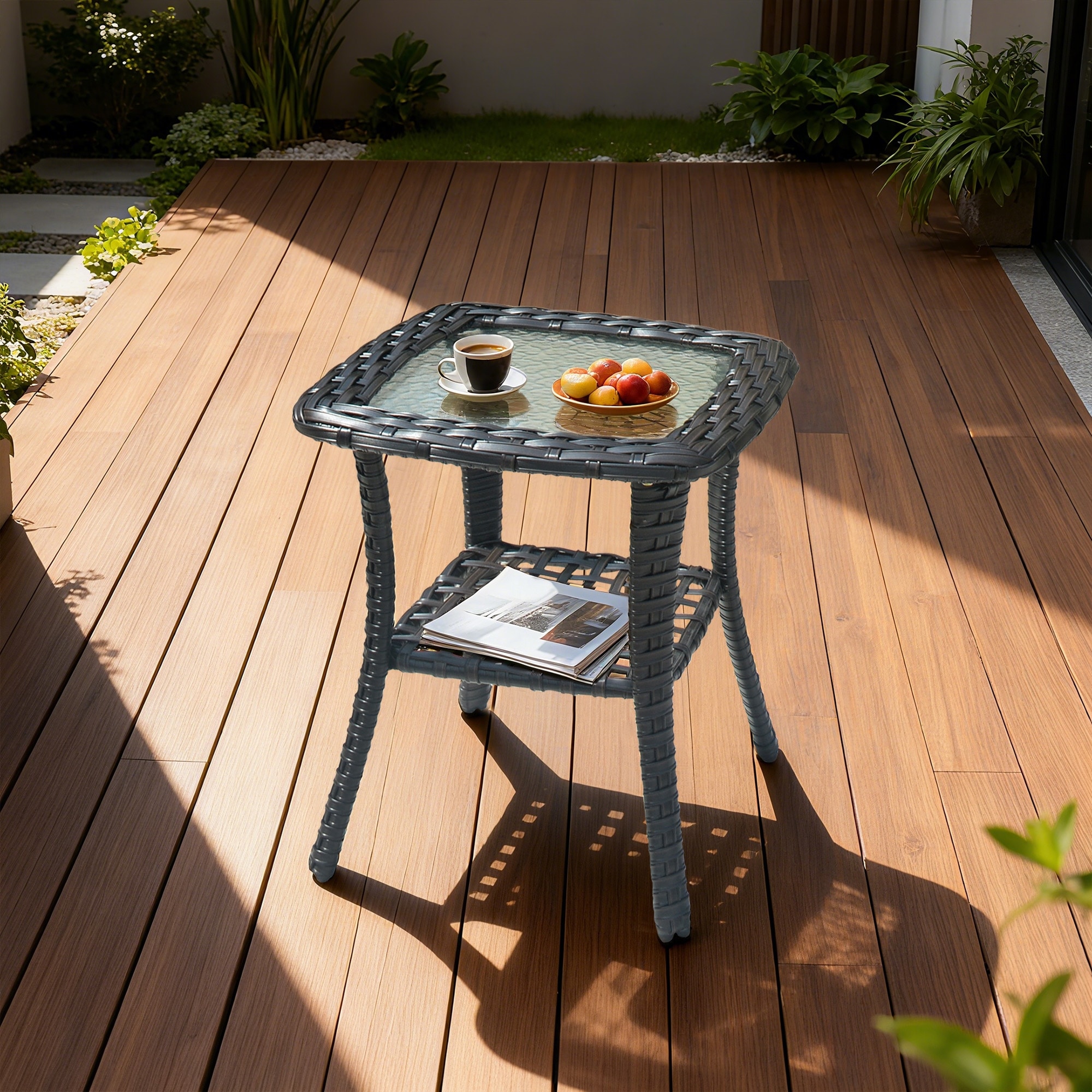 HOOOWOOO Outdoor Patio Rattan Wicker Side Table