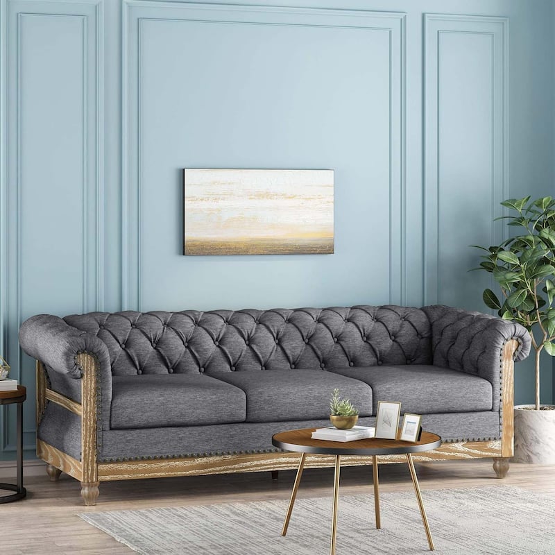3-Seat Sofa with Retro Wood Legs, Tufted Upholstery - Durable Design