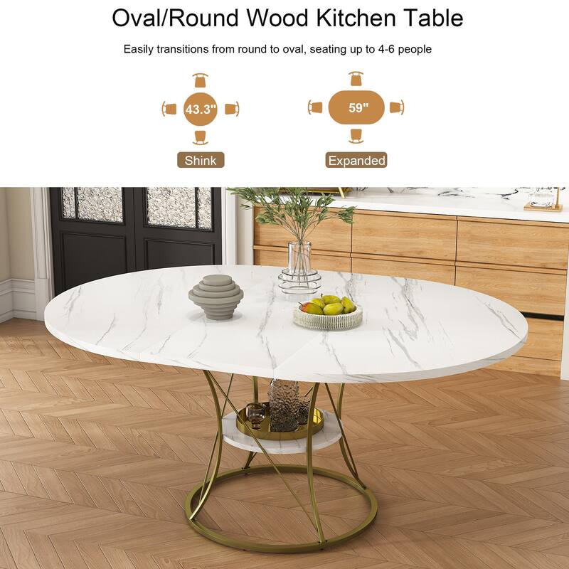 43 to 59 Inch Extendable Round Dining Table for 4-6 - Farmhouse Kitchen Table with Storage Shelf & Metal Base