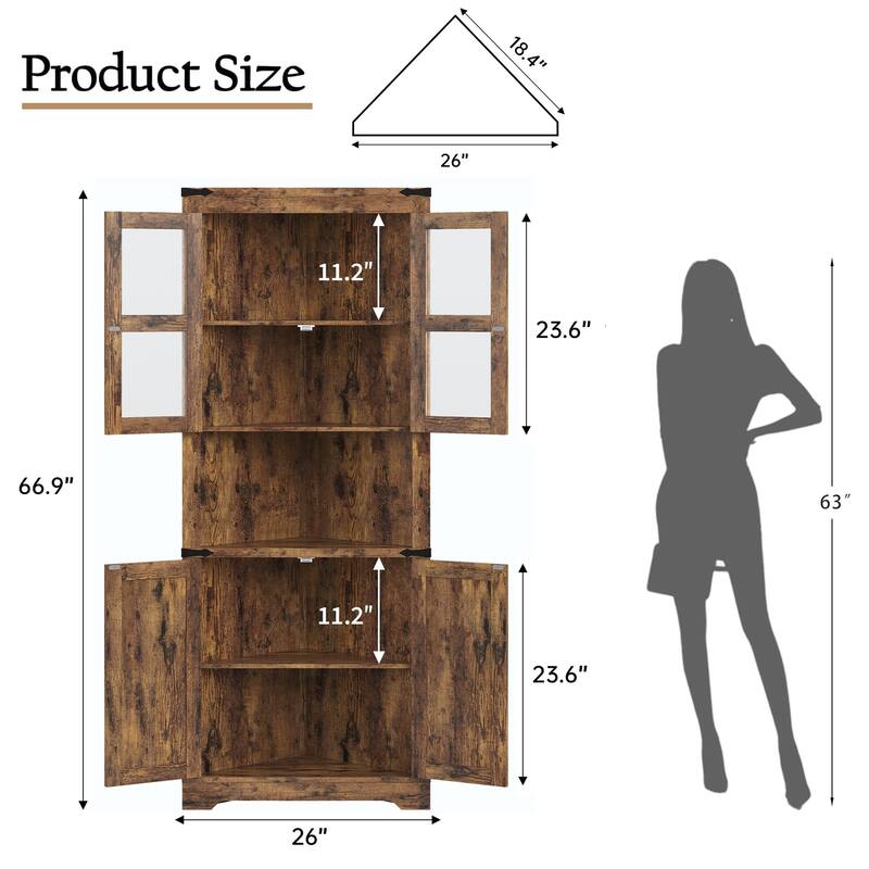 Tall Corner Cabinet, Farmhouse Corner Storage Cabinet with Glass Door & Adjustable Shelves, Space Saving Storage