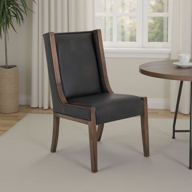 Ally Dining Side Chair Set of 2, Walnut Brown Wood, Black Faux Leather