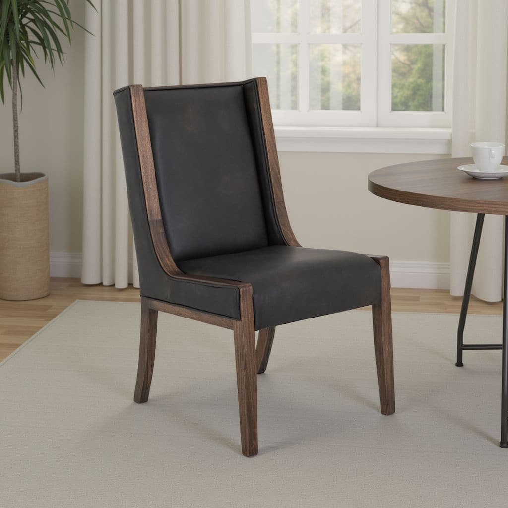 Ally Dining Side Chair Set of 2, Walnut Brown Wood, Black Faux Leather