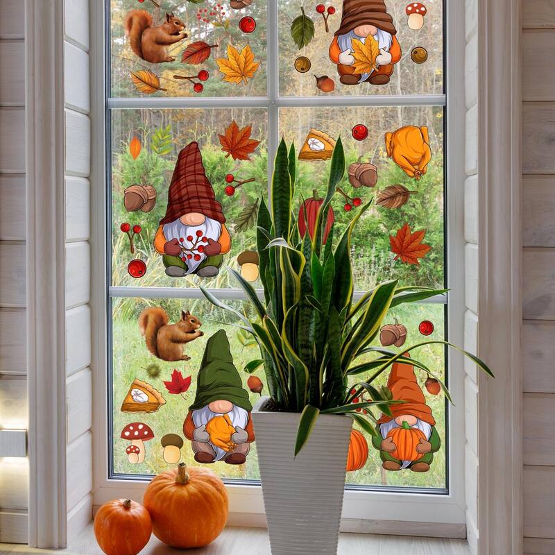 WALPLUS Autumn Leaves With Gnomes Thanksgiving Window Clings Window Decoration Double Sided Reusable Electrostatics PVC