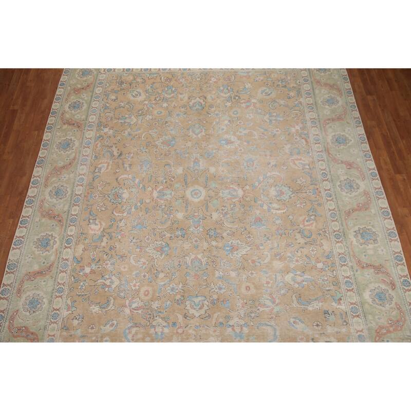 Hand Knotted Oriental 100% Wool Carpet Traditional All-Over Peach Tabriz Area Rug - 12' 8'' X 10' 0''