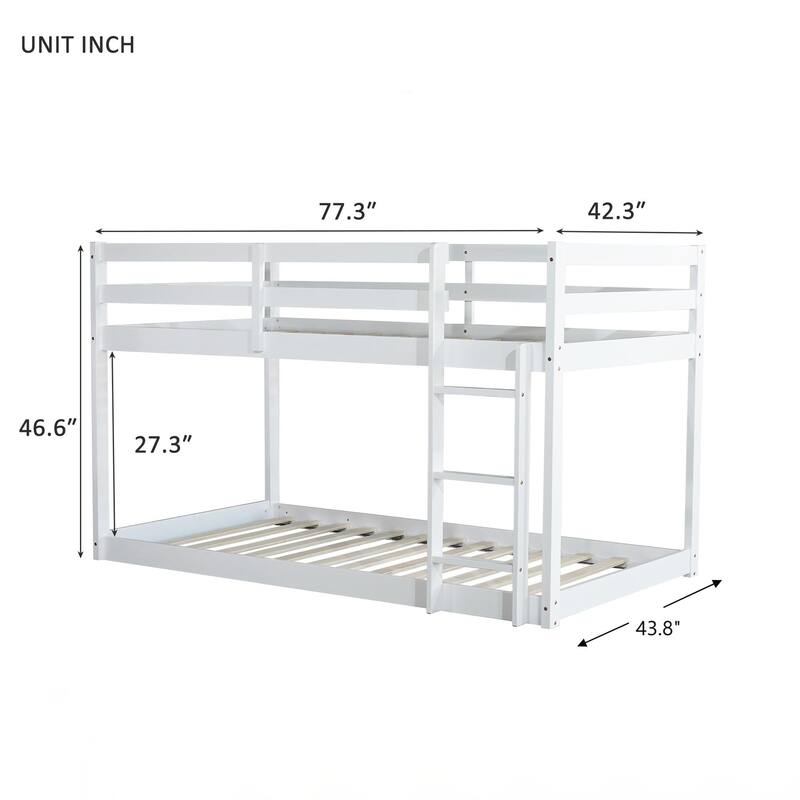 Wooden Twin over Twin Floor Bunk Bed with Ladder ,Upper and Bottom Bed Platforms