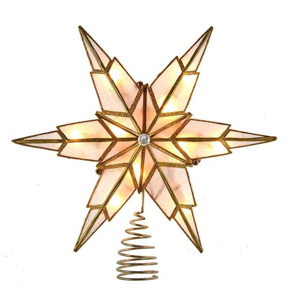 slide 1 of 1, Kurt Adler 10-Light 6 Point Gold Capiz Star Tree Topper