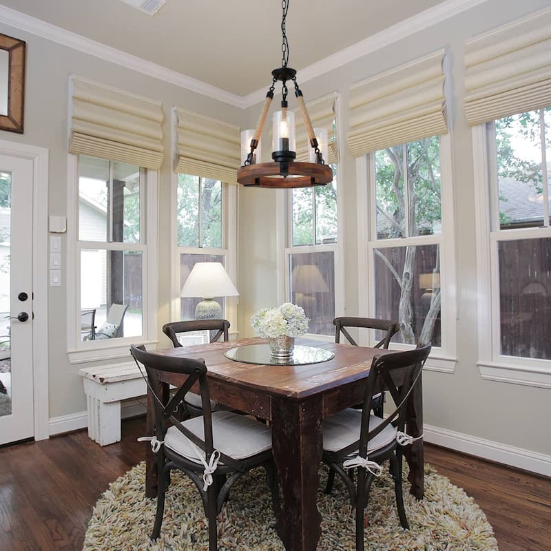 Anmytek Modern Farmhouse 3-Light Wooden Wagon Wheel Chandelier Cylinder Glass Pendant Lights for Dining Room - 16" D x 21.5" H