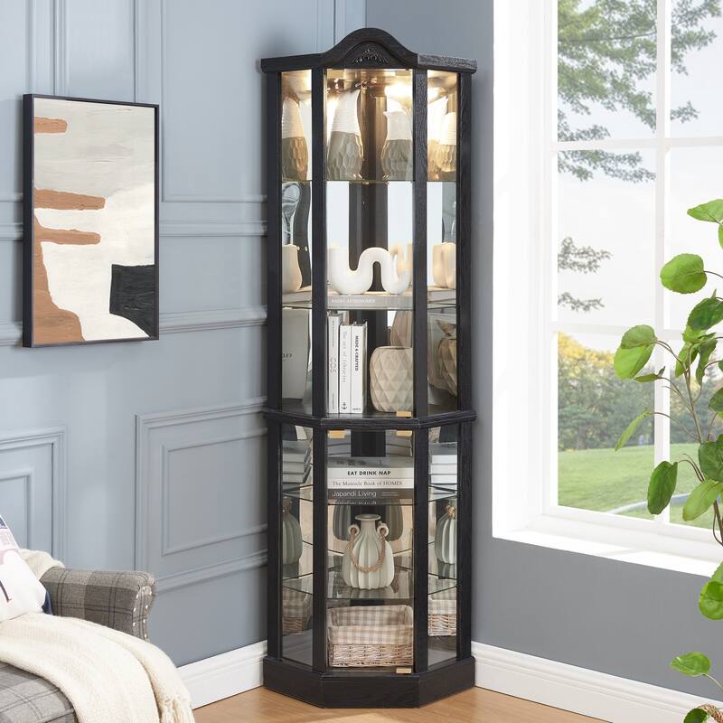 Glass Cabinet Lighted Corner Cabinet Corner Display Curio Cabinet, Glass Display With Light Bar Cabinet, Wine Cabinet - Black