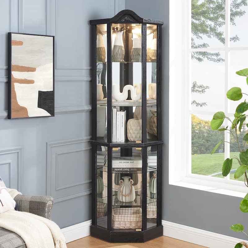 Lighted Corner Curio Cabinet, Glass Display Cabinet with Adjustable Shelves, Accent Cabinet with Curved Top Carving