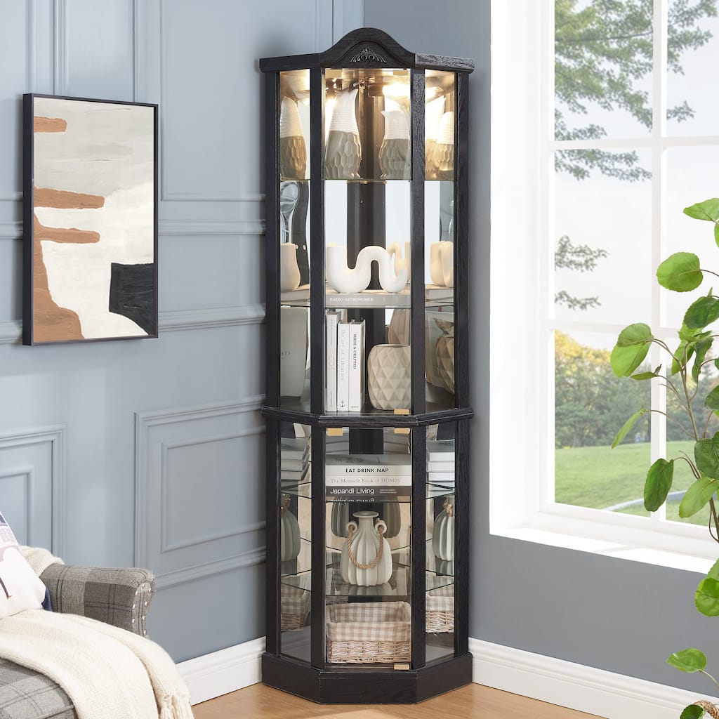 Lighted Glass Display Cabinet Corner Curio Cabinet with Adjustable Shelves Carved Cherry Decoration Wine Cabinet