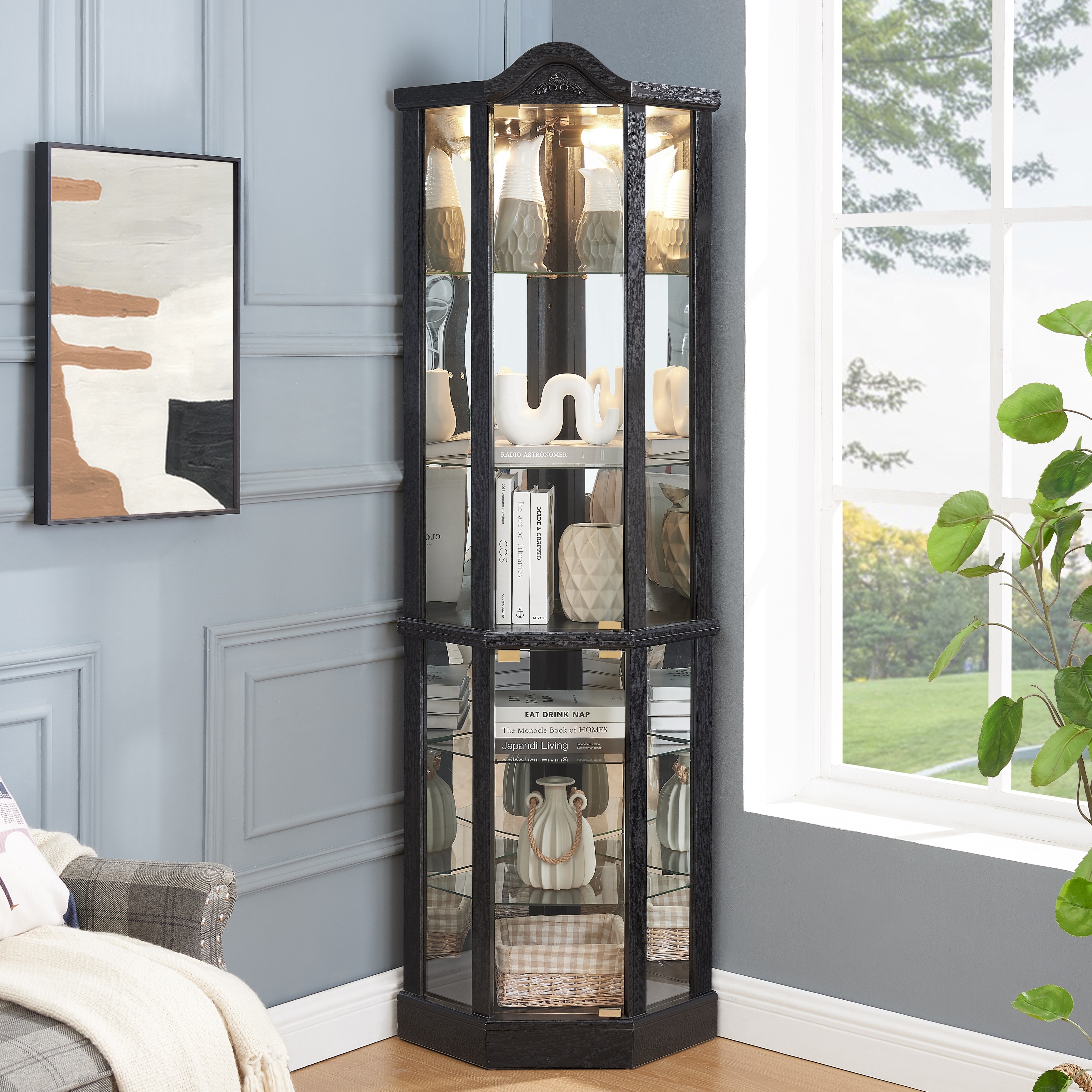 Lighted Glass Display Cabinet Corner Curio Cabinet with Adjustable Shelves Carved Cherry Decoration Wine Cabinet