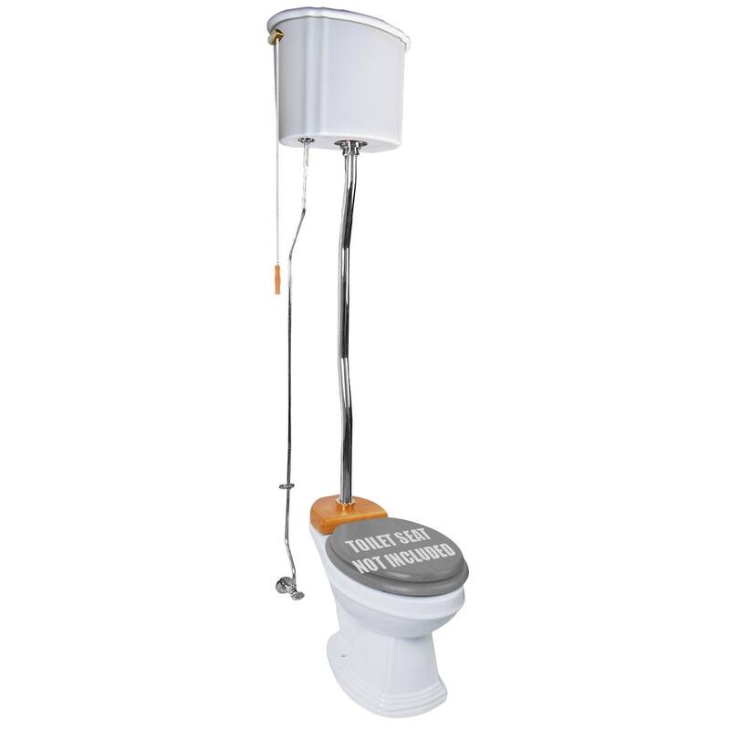 High Tank Toilet - Light Oak Raised Tank, White Round Bowl and Brass L Pipes Renovators Supply