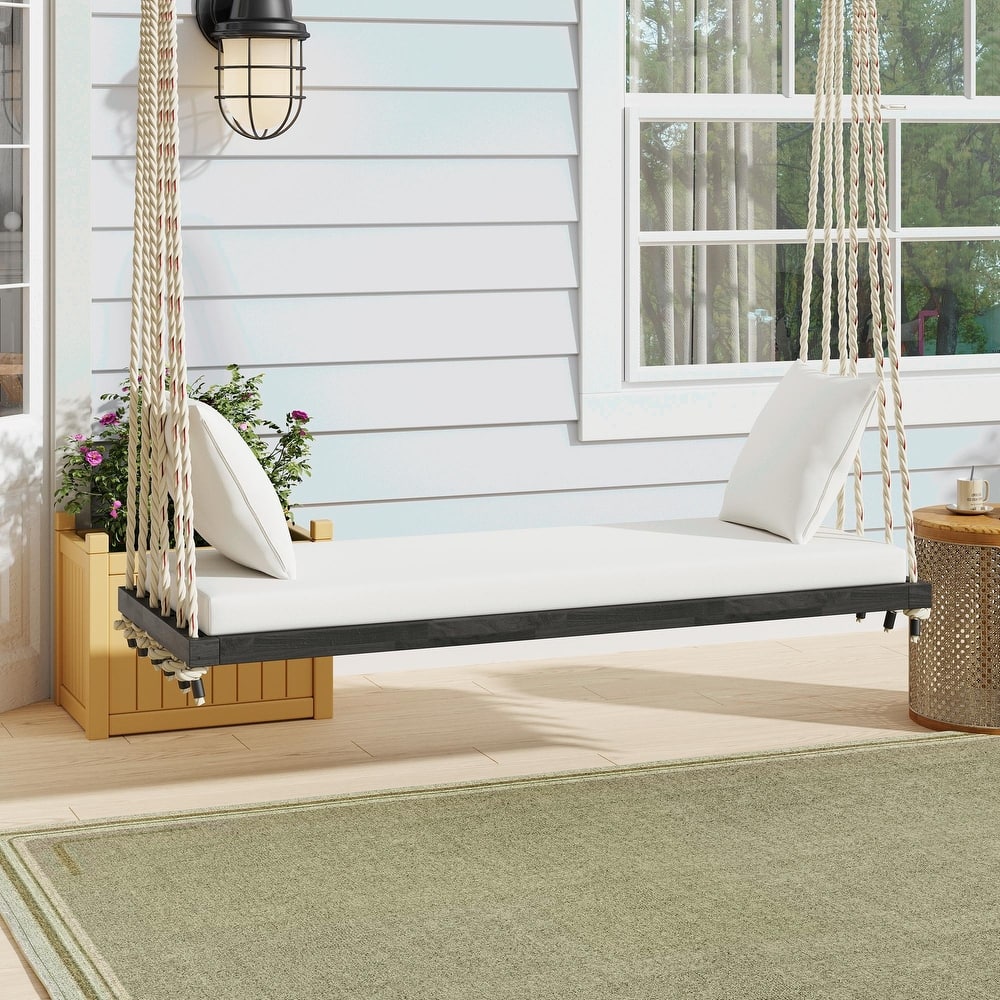 Patio Wooden Swing Chair, Hanging Porch Swing Bench with Cushion & Pillows, 10.8Ft Hemp Ropes