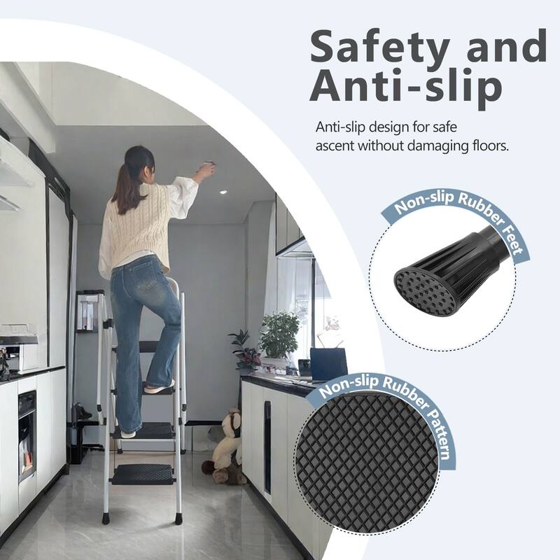 Anmytek 4 Step Folding Ladder with Wide Anti Slip Pedals and Safety Handrail Sturdy Steel Step Stool White