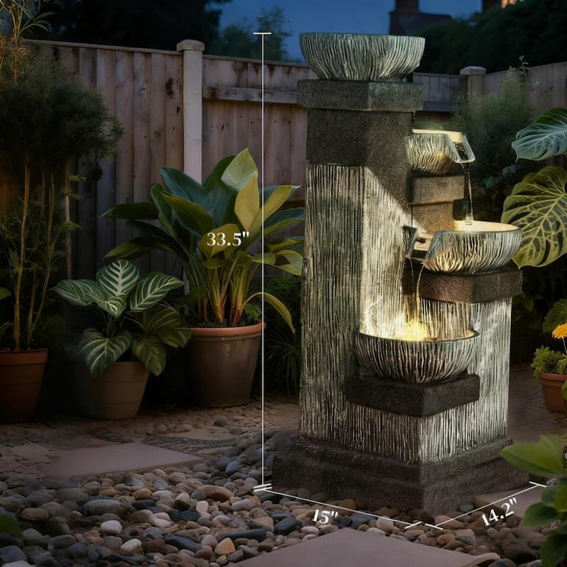 4-Tier Resin Cascading Bowls Outdoor Waterfall Fountain,Water Fountain,with LED Lights, Pump