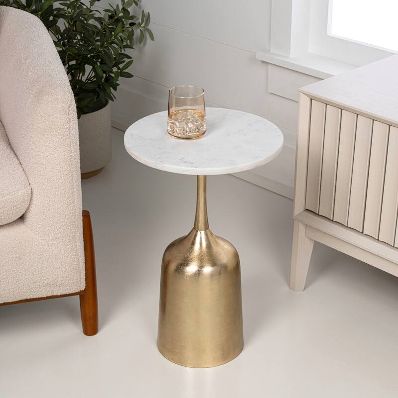 Pip 20.25″ Metal Drink, End Table w/ White Marble Round Top & Bell Pedestal Base, By JONATHAN Y - Antique Gold