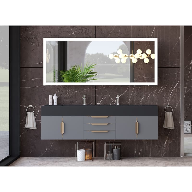 Nile 72" Wall Mounted Bathroom Vanity Set w/ Black Top
