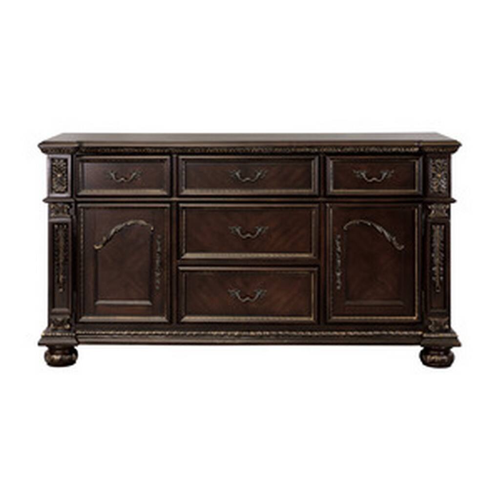 Finn 66 Inch Classic Wood Sideboard Buffet, Leaf Carved Molded Trim, Brown
