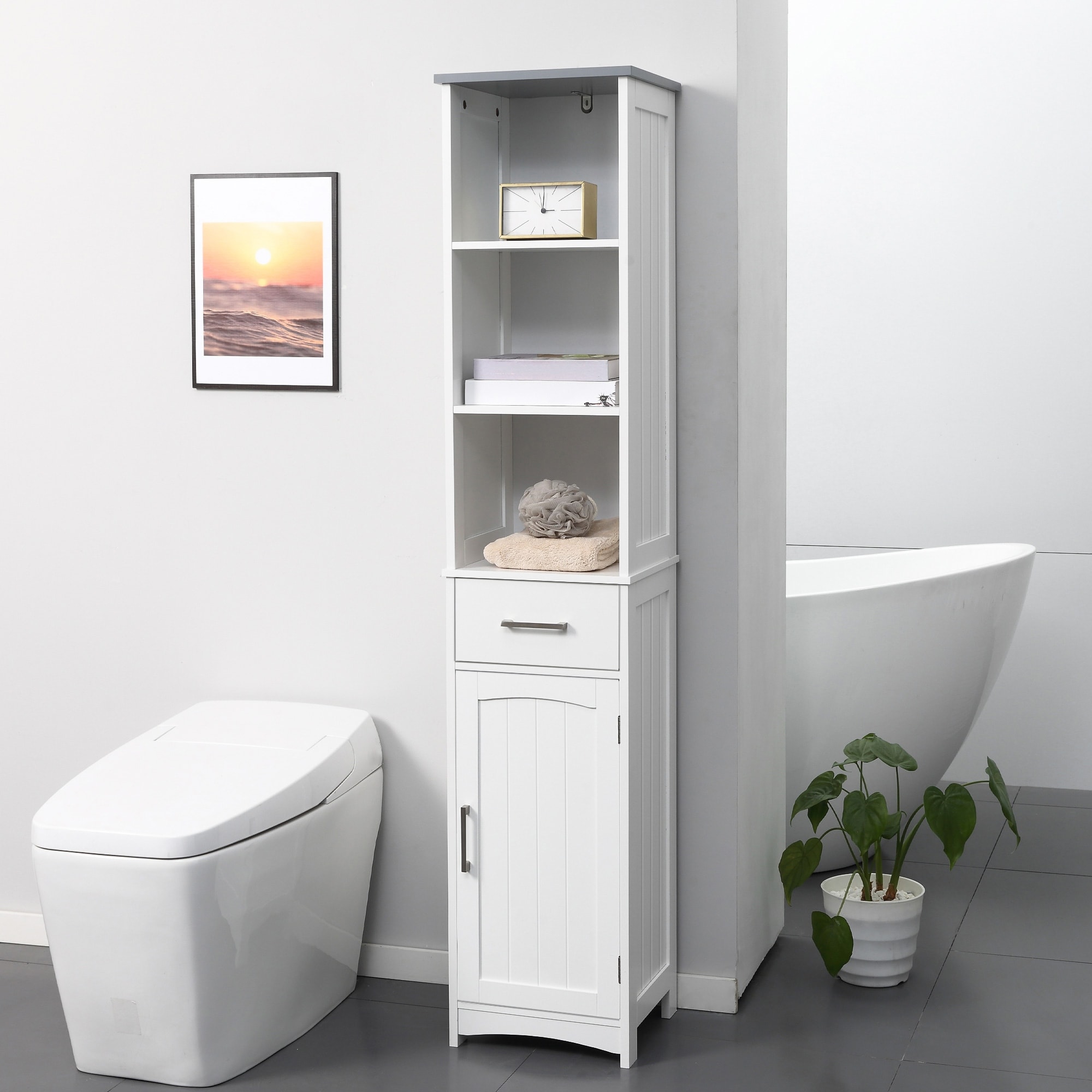 kleankin Tall Bathroom Storage Cabinet with 3 Tier Shelf, Cupboard, Drawer, Door