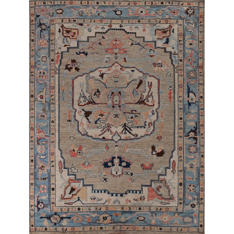 Hand Knotted Oriental 100% Wool Carpet Transitional Medallion Beige & Ivories Oushak Area Rug - 9' 7'' X 8' 0''