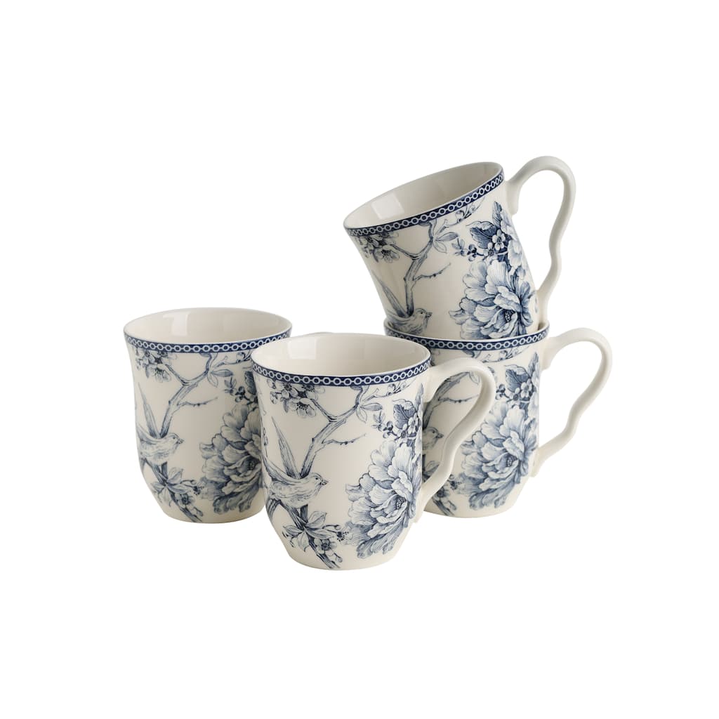 222 Fifth Adelaide Large Coffee Mugs Set of 4, Blue Porcelain Cups, 14.5 oz