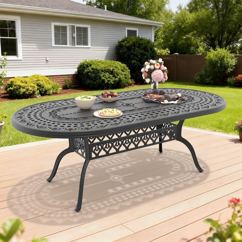 81.89 inch Black Oval Cast Aluminum Patio Table with Umbrella Hole & Retro Design