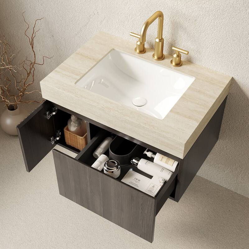 Floating Bathroom Vanity with Undermount Ceramic Basin with 3 Pre-drilled Faucet Holes
