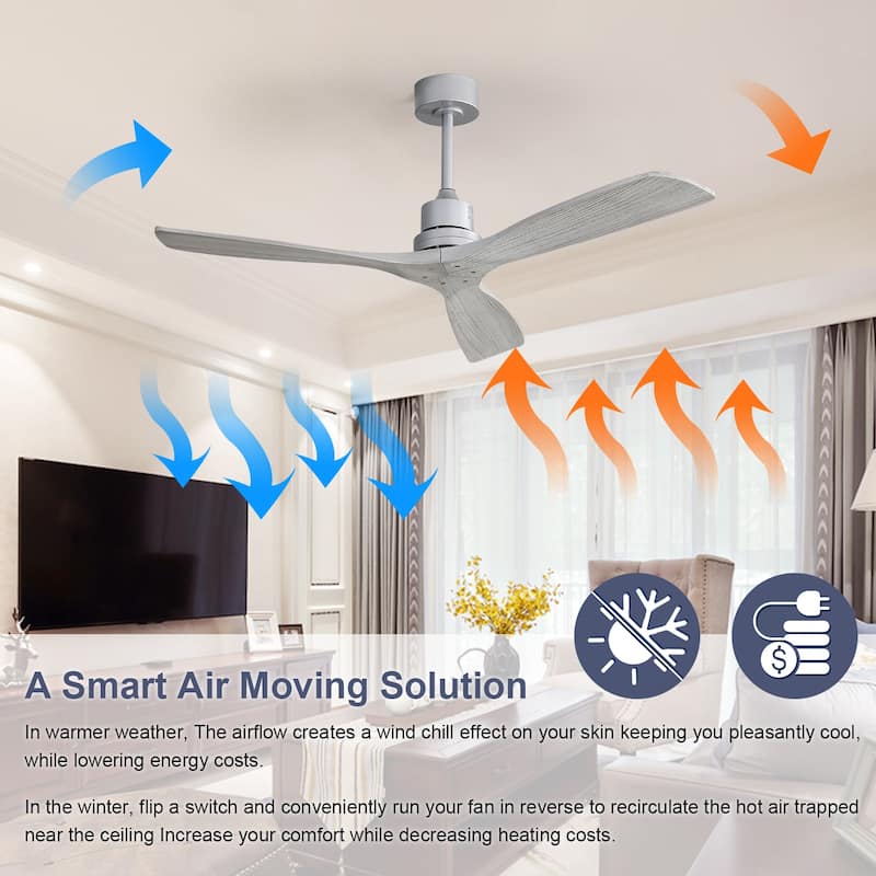 52 Inch Ceiling Fans No Light with Remote Carved Wood Fan Blades, Reversible DC Motor Ceiling
