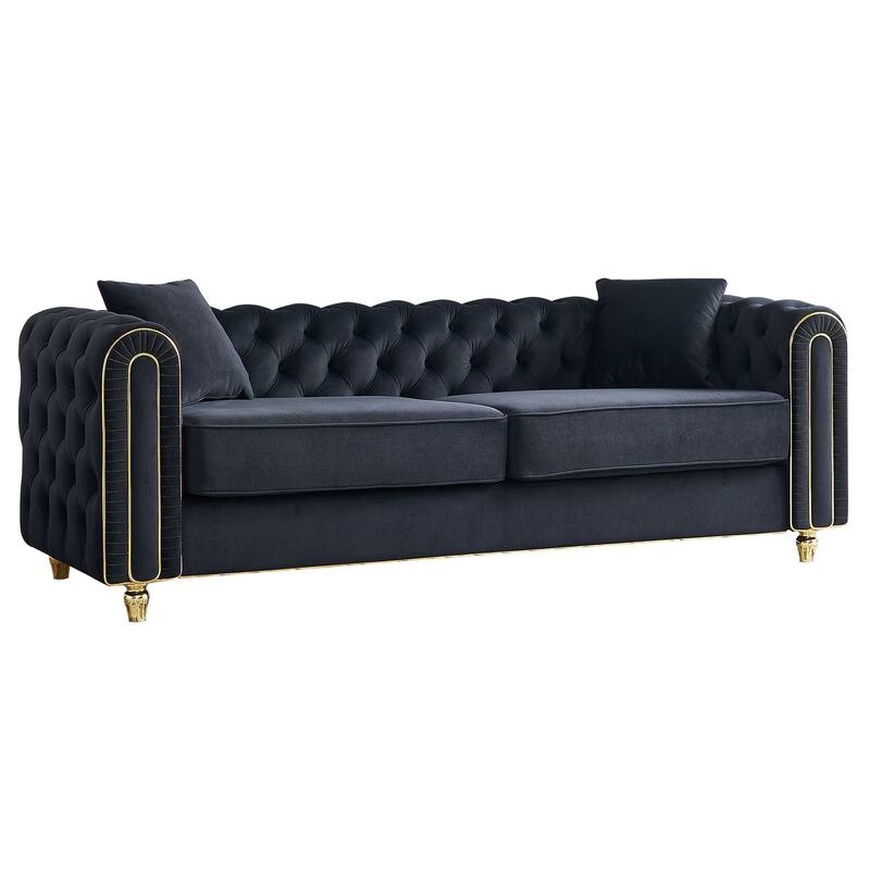 86'' Luxury Modern Tufted Black Velvet Sofa with 2 Toss Pillows