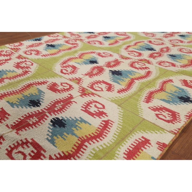 Hand-Woven Green Kilim Oriental Area Rug Handmade Wool Carpet - 4'10"x 7'11"