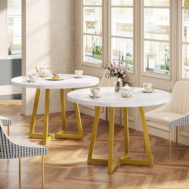 Square Dining Table Set, Industrial Dinner Table with Metal Base for Bar, Coffee Shop, Resturant - 2PCS-Round - White & Gold