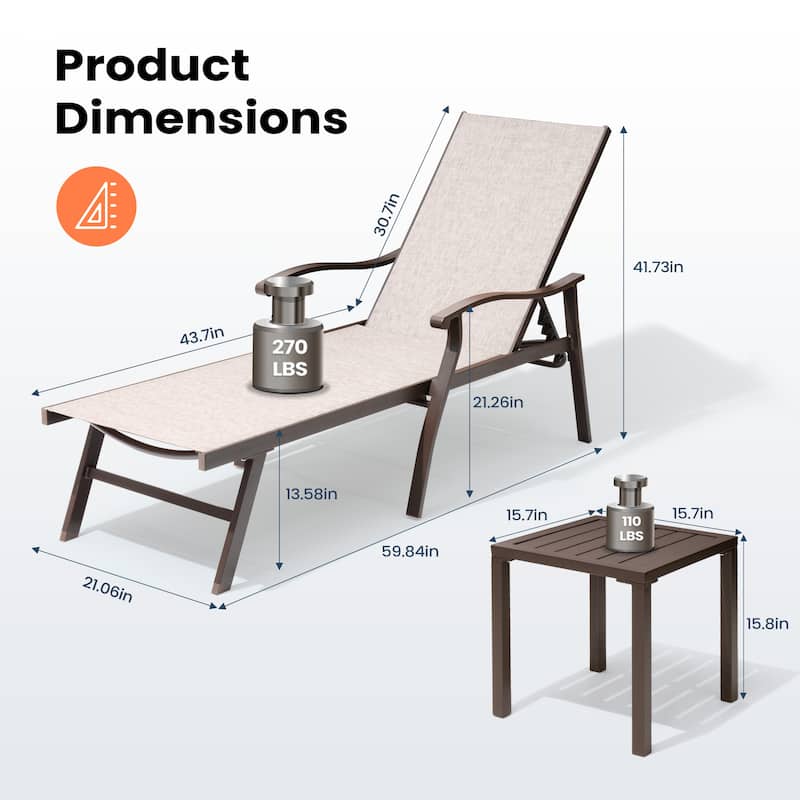 Outdoor Chaise Lounge Chair Reclining Sunlounger Set with Side Table - Set of 3
