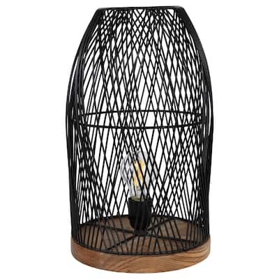 Iron Cage-Style Table Lamp with Wood Base - 15.25" - Black - 15.25