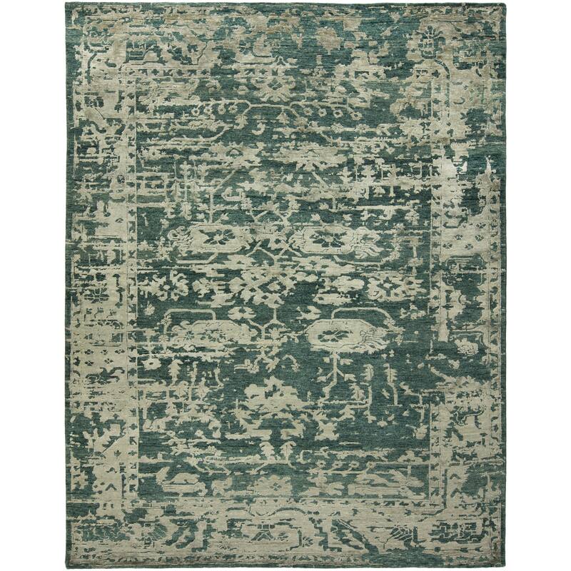 Transitional Blue Hand-Knotted Wool & Viscose Area Rug - 10' x 14' - Blue