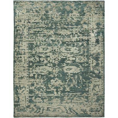 Transitional Blue Hand-Knotted Wool & Viscose Area Rug