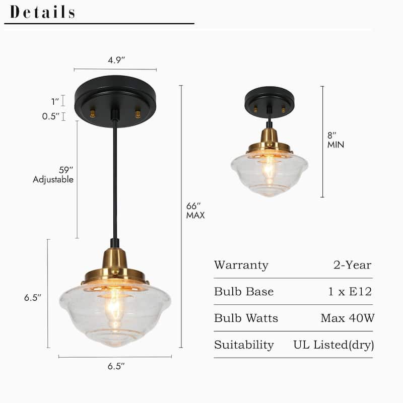 Rumah Modern Classic 1-Light Black Gold Kitchen Island SchoolHouse Seeded Glass Pendant Lights for Dining Room