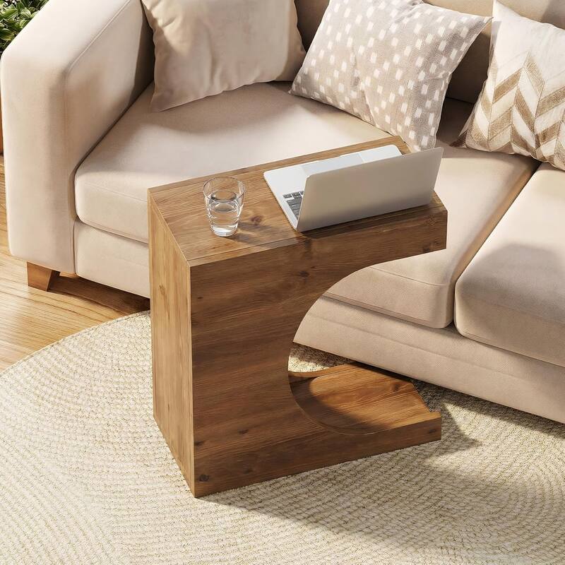 Solid Wood End Table, Modern C-Shaped Side Table with 2-Tier Storage - 11.8" W × 23.6" L × 23.6" H