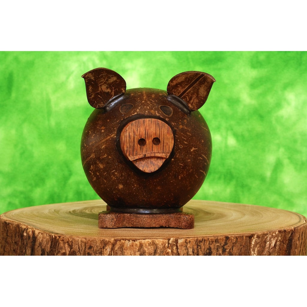Handmade Coconut Shell Wood Cute Pig Coin Piggy Bank Wooden Hand Carved Keepsake Saving Money Kids - 6" tall x 5" wide x 5" deep