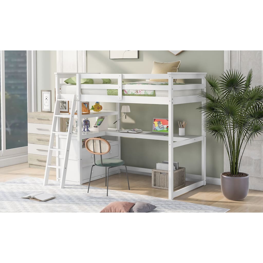 Modern Loft Bed with Desk and Shelves Underneath, Built-in 2 Drawers, Solid Pine Bed Stylish Loft Wood Bed with Slanted Ladder