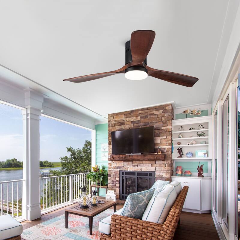 52 In. Semi Flush Ceiling Fan with Integrated LED Light in Solid Wood Blade - Antique brown - Antique brown