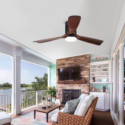 52 In. Semi Flush Ceiling Fan with Integrated LED Light in Solid Wood Blade - Antique brown