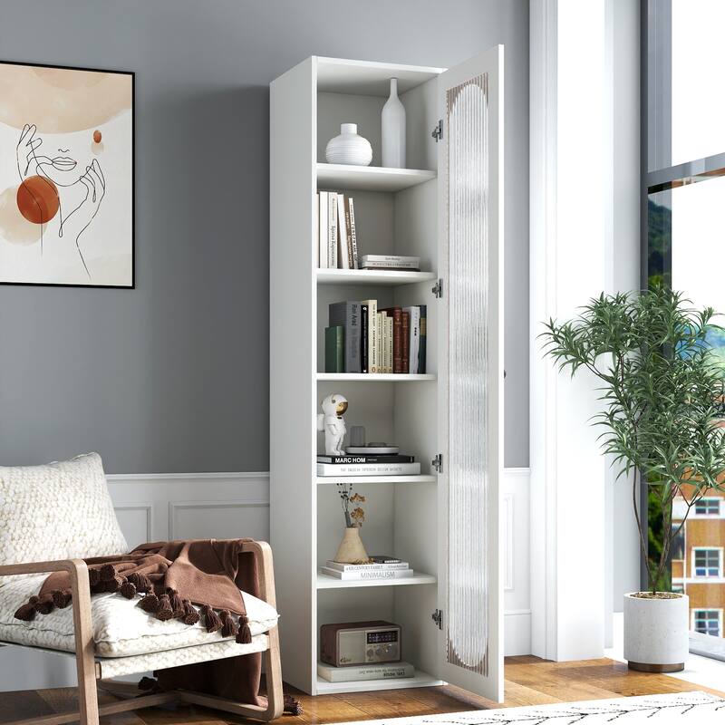 Tall Display Cabinet & Bookshelf with Glass Door - 6 Storage Shelves for Living Room, Kitchen, Bedroom, Office